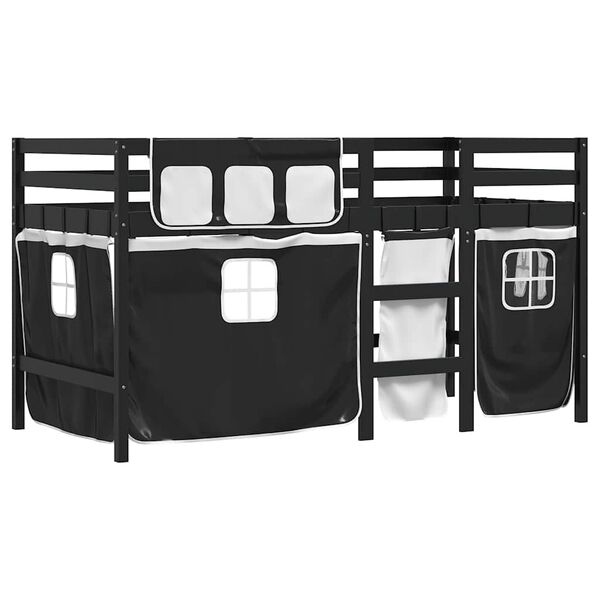 vidaXL Cama alta ni&ntilde;os con cortinas madera pino blanco negro 90x200 cm