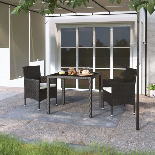 vidaXL Muebles de jard&iacute;n 3 pzas rat&aacute;n sint&eacute;tico vidrio templado negro