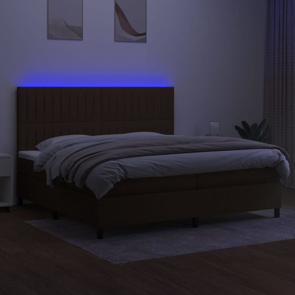 vidaXL Cama box spring colch&oacute;n luces LED tela marr&oacute;n oscuro 200x200 cm