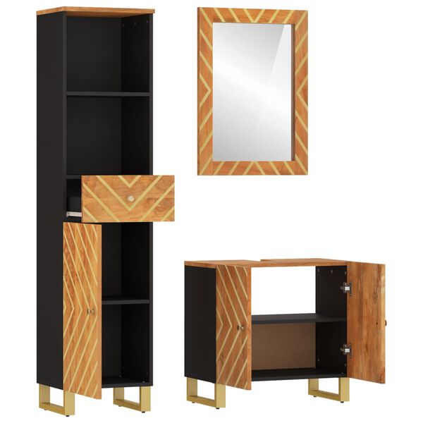 vidaXL Juego muebles de ba&ntilde;o 3 pzas madera maciza mango marr&oacute;n y negro