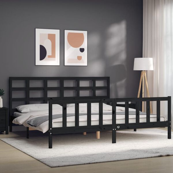 vidaXL Estructura de cama con cabecero madera maciza negro 180x200 cm