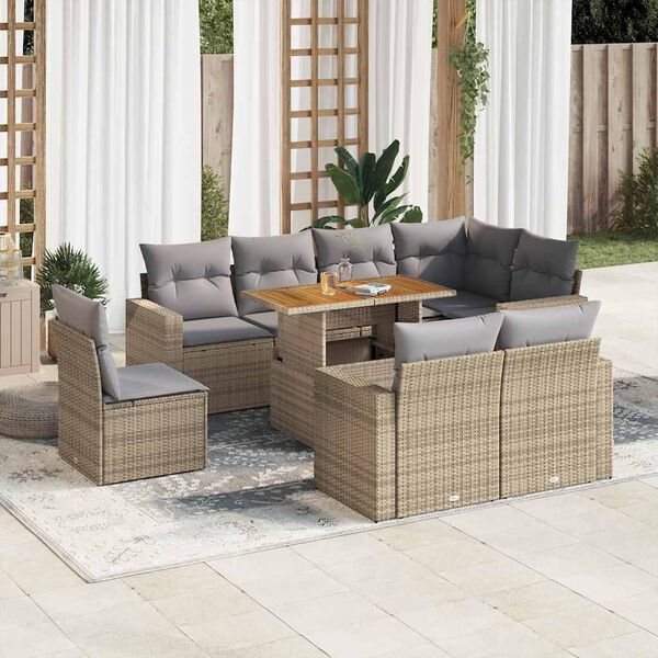 vidaXL Set de sof&aacute;s de jard&iacute;n con cojines 9 pzas rat&aacute;n sint&eacute;tico beige
