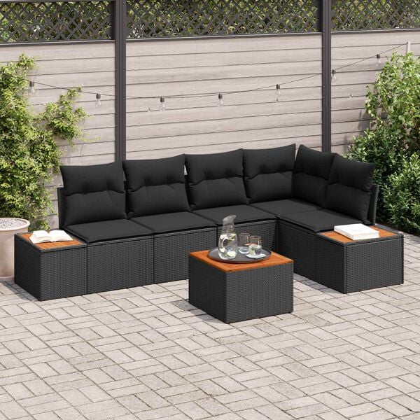 vidaXL Conjunto de sof&aacute; de jard&iacute;n con coj&iacute;n 6 pcs Negro Polirat&aacute;n