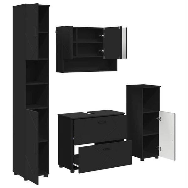 vidaXL Juego de muebles de ba&ntilde;o 4 pcs Negro Madera engineered y metal