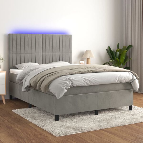 vidaXL Cama box spring colch&oacute;n y LED terciopelo gris claro 140x200 cm