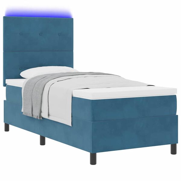 vidaXL Cama Box Spring LED con colch&oacute;n Azul Oscuro 90 x 200 cm tela