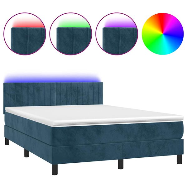 vidaXL Cama box spring colch&oacute;n y LED terciopelo azul oscuro 140x190 cm
