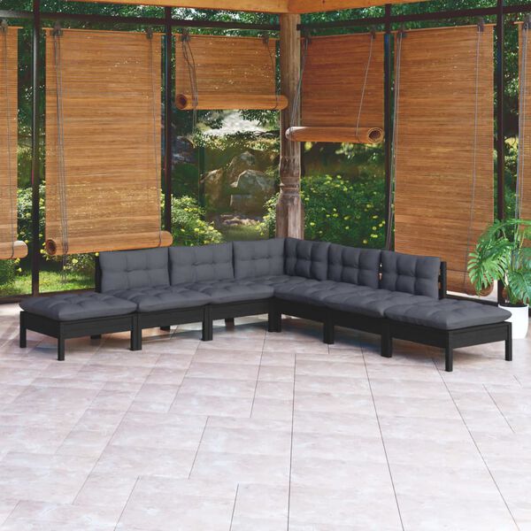vidaXL Muebles de jardín 7 pzas con cojines negro madera de pino