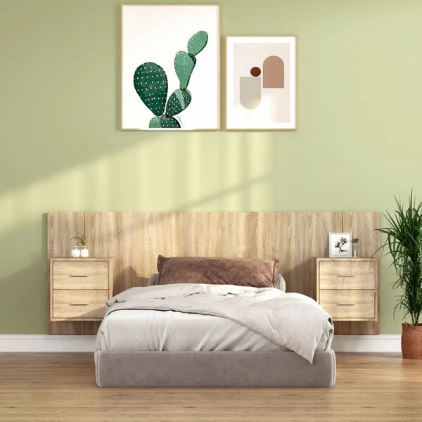 vidaXL Cabecero de cama con mesitas madera contrachapada roble Sonoma