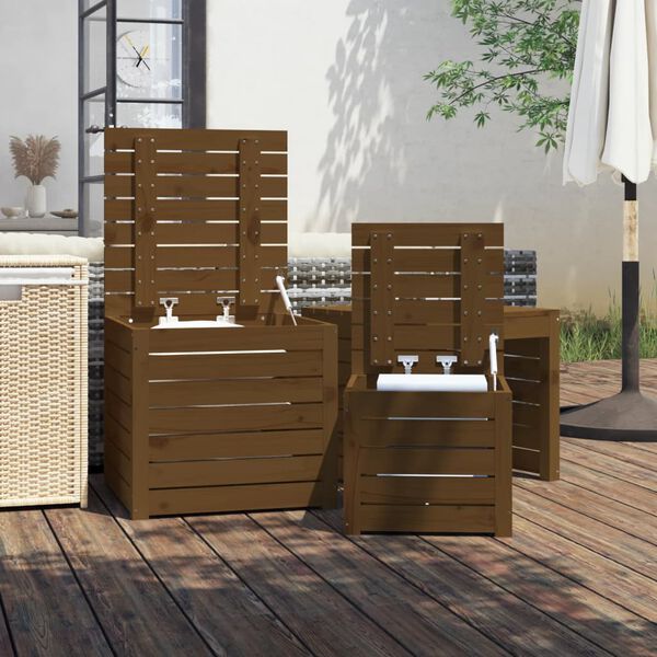 vidaXL Set cajas de jardín 3 pzas madera maciza pino gris marrón miel