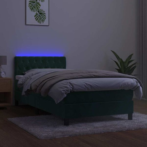 vidaXL Cama box spring colch&oacute;n y LED terciopelo verde oscuro 90x190 cm