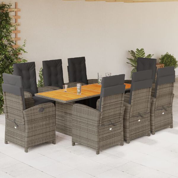 vidaXL Set comedor jard&iacute;n 9 pzas y cojines rat&aacute;n sint&eacute;tico gris
