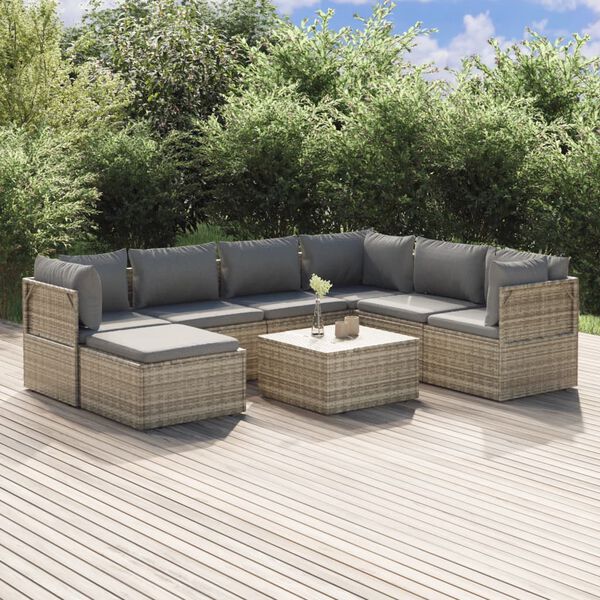 vidaXL Set de muebles de jard&iacute;n 8 pzas y cojines rat&aacute;n sint&eacute;tico gris
