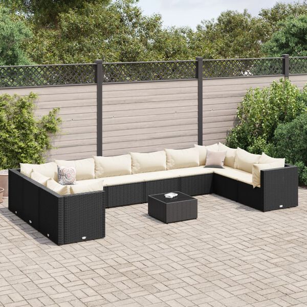 vidaXL Set muebles de jardín 11 pzas y cojines ratán sintético negro