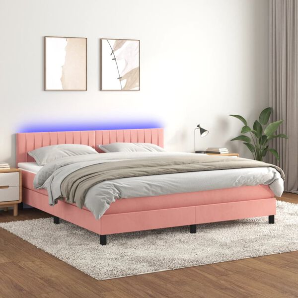 vidaXL Cama box spring colch&oacute;n y LED terciopelo rosa 180x200 cm