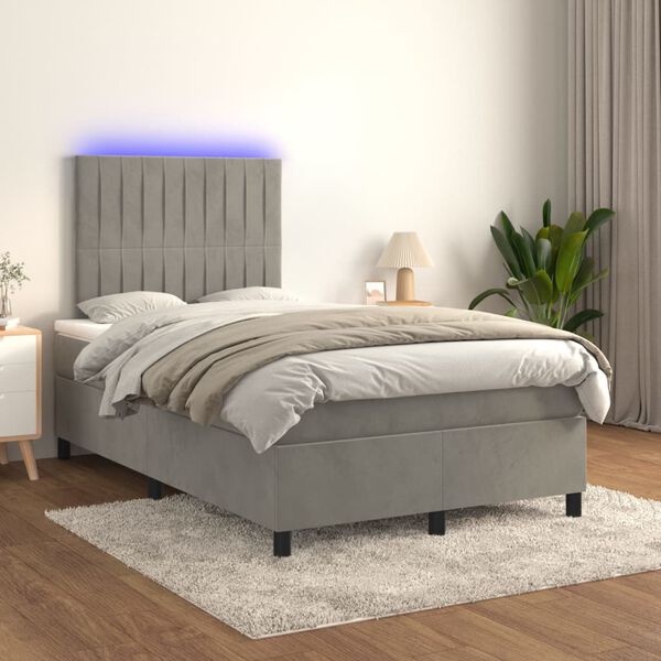 vidaXL Cama box spring colch&oacute;n y LED terciopelo gris claro 120x200 cm
