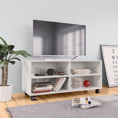 vidaXL Mueble de TV con ruedas contrachapada blanco brillo 90x35x35 cm