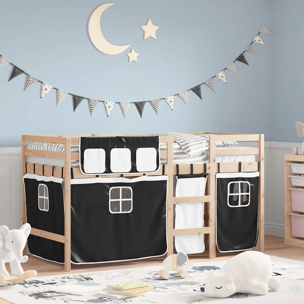 vidaXL Cama alta ni&ntilde;os con cortinas madera pino blanco negro 80x200 cm