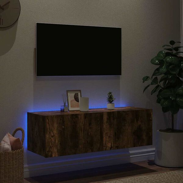 vidaXL Mueble de TV de pared con luces LED roble ahumado 100x35x31 cm
