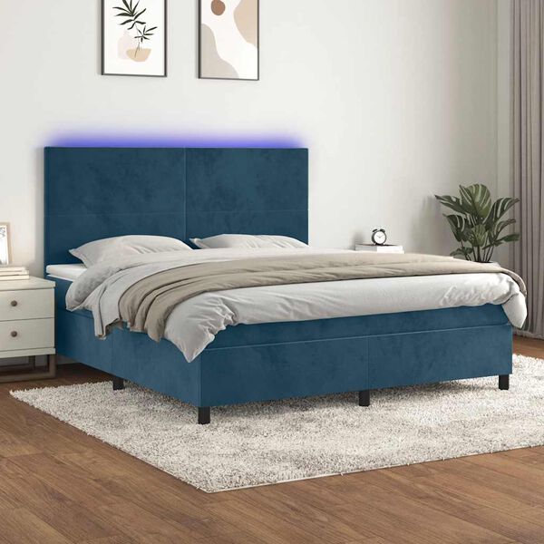 vidaXL Cama box spring colch&oacute;n y LED terciopelo azul oscuro 160x200 cm