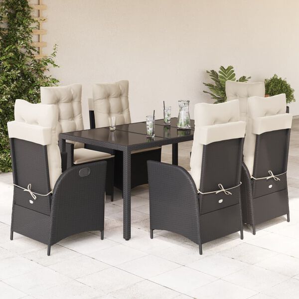 vidaXL Set de comedor de jard&iacute;n 7 pzas y cojines rat&aacute;n sint&eacute;tico negro