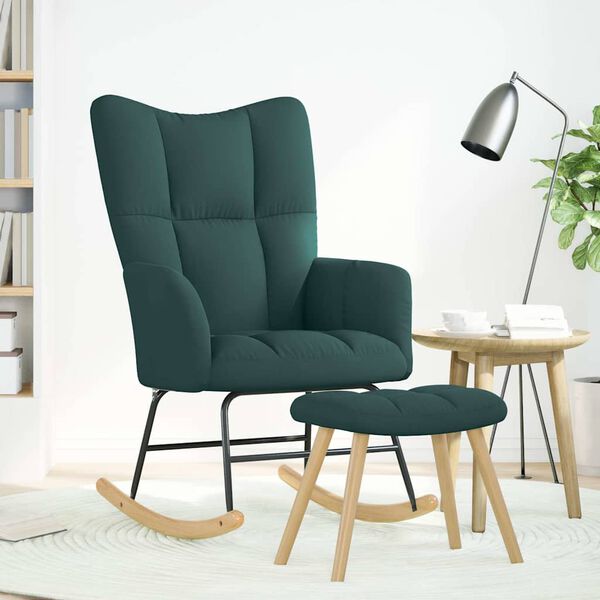 vidaXL Sillón mecedora con taburete tela verde oscuro