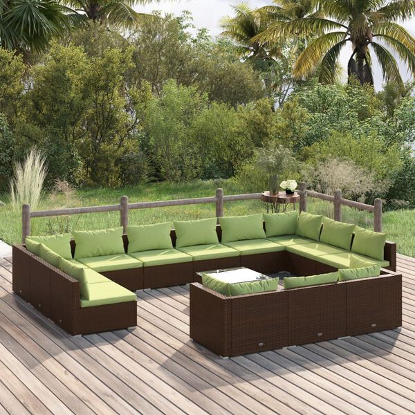 vidaXL Set de muebles de jard&iacute;n 14 pzas y cojines rat&aacute;n PE marr&oacute;n