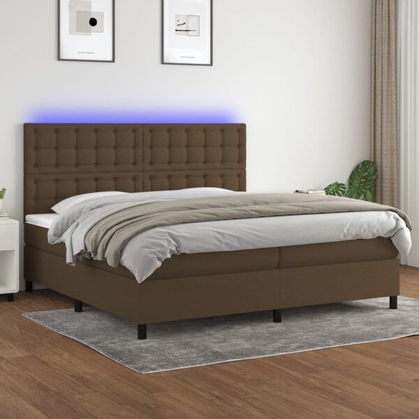 vidaXL Cama box spring colch&oacute;n luces LED tela marr&oacute;n oscuro 200x200 cm