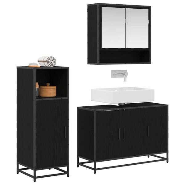vidaXL Juego de muebles de ba&ntilde;o 3 pcs Roble Negro Madera de ingenier&iacute;a