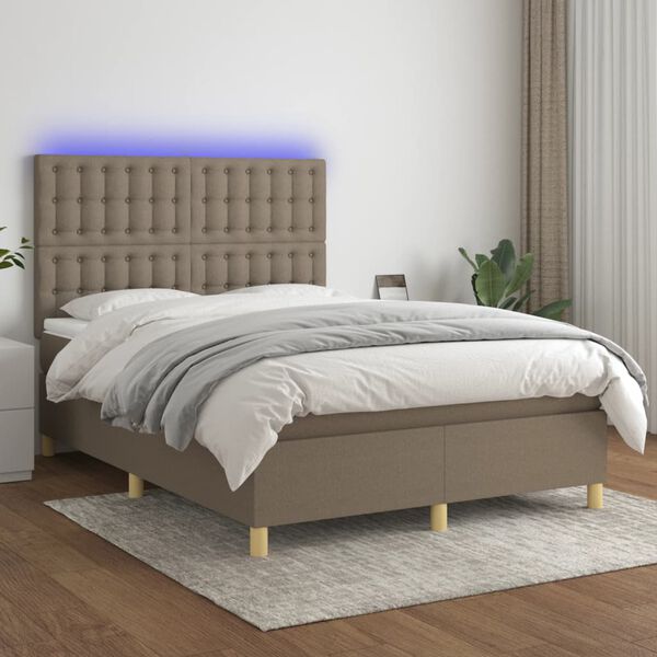 vidaXL Cama box spring colch&oacute;n y luces LED tela gris taupe 140x190 cm