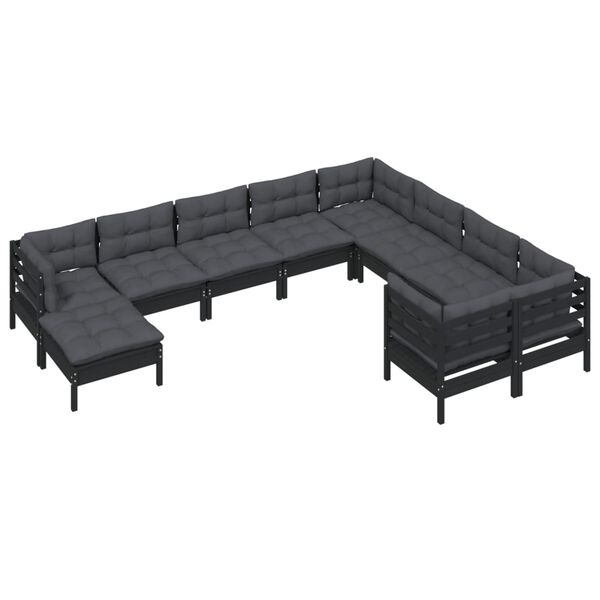 vidaXL Muebles de jard&iacute;n 10 pzas con cojines negro madera de pino