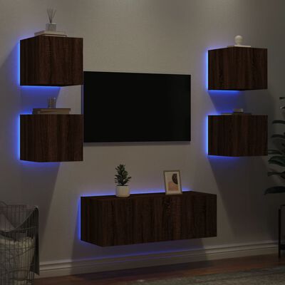 vidaXL Muebles TV pared con LED 6 pzas madera ingeniería marrón roble