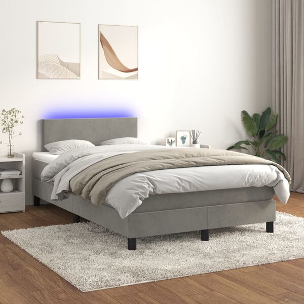 vidaXL Cama box spring colch&oacute;n y LED terciopelo gris claro 120x200 cm