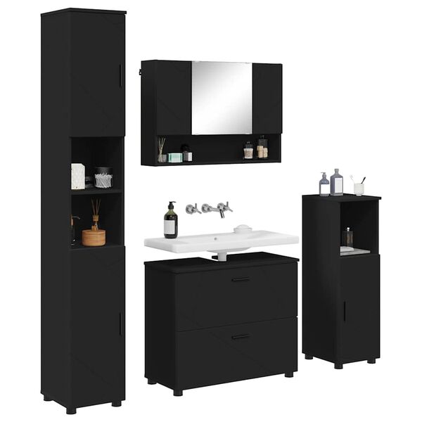 vidaXL Juego de muebles de ba&ntilde;o 4 pcs Negro Madera engineered y metal