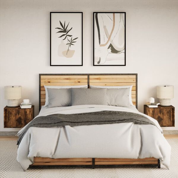 vidaXL Mesitas de noche de pared con luces LED 2 uds roble ahumado