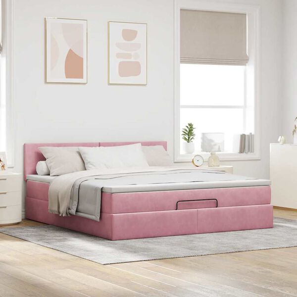 vidaXL Cama otomana con colch&oacute;n y LED terciopelo rosa 180x200cm