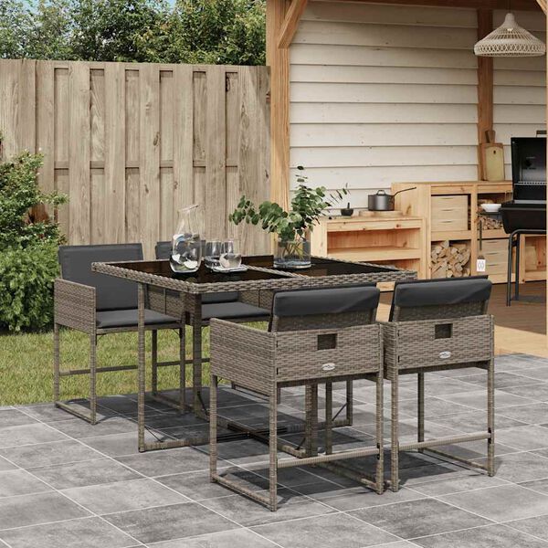 vidaXL Set comedor de jard&iacute;n 5 piezas con cojines rat&aacute;n sint&eacute;tico gris