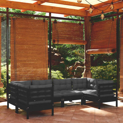 vidaXL Muebles de jardín 6 pzas con cojines negro madera de pino