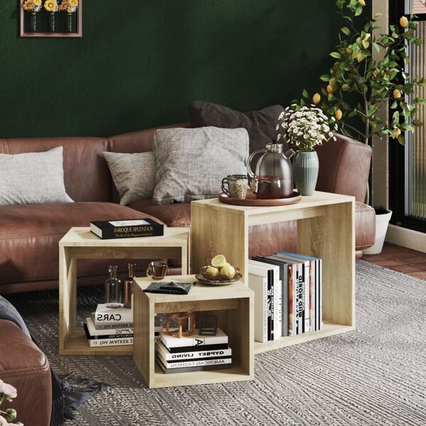 vidaXL Mesas apilables 3 piezas madera contrachapada roble Sonoma
