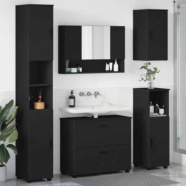 vidaXL Juego de muebles de ba&ntilde;o 5 pcs Negro Madera engineered y metal