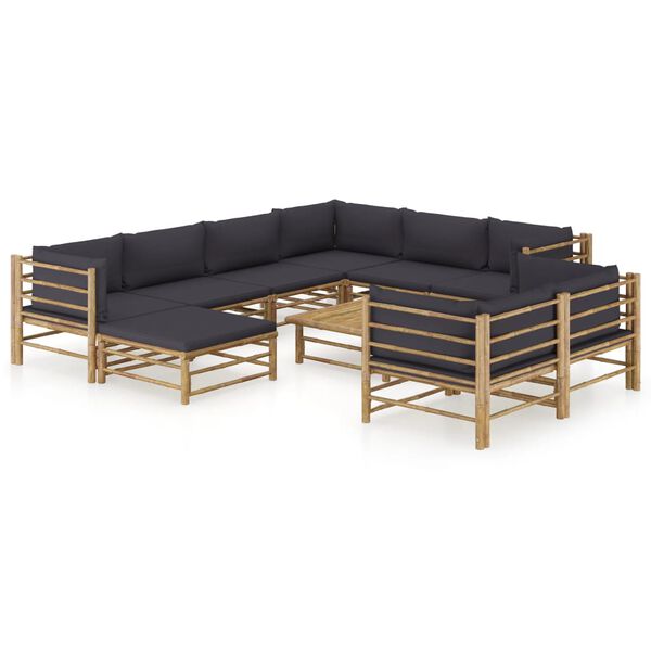 vidaXL Set de muebles de jardín 10 pzas bambú con cojines gris oscuro