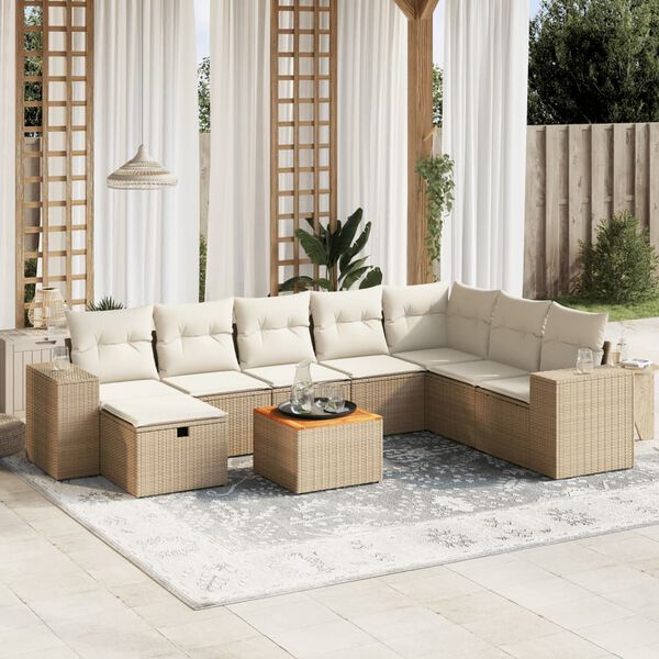 vidaXL Set de sof&aacute;s de jard&iacute;n 9 pzas con cojines rat&aacute;n sint&eacute;tico beige