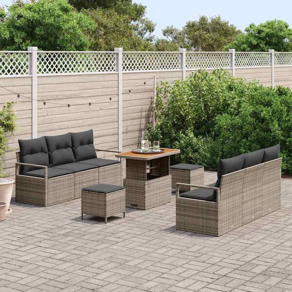 vidaXL Conjunto de sof&aacute; de jard&iacute;n con coj&iacute;n 9 pcs Gris Polirat&aacute;n