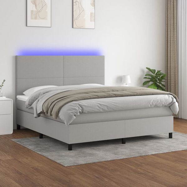 vidaXL Cama box spring colch&oacute;n y luces LED tela gris claro 180x200 cm