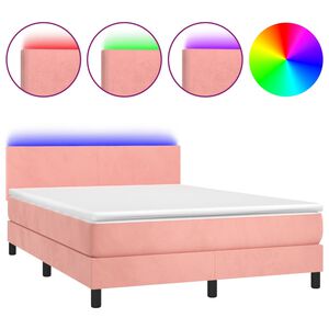 vidaXL Cama box spring colch&oacute;n y LED terciopelo rosa 140x190 cm