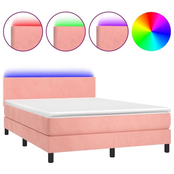 vidaXL Cama box spring colch&oacute;n y LED terciopelo rosa 140x190 cm