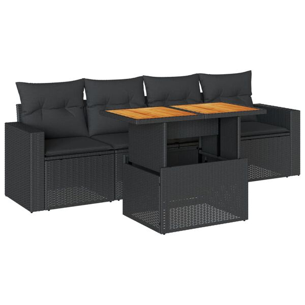 vidaXL Set de muebles de jard&iacute;n 5 pzas y cojines rat&aacute;n sint&eacute;tico negro