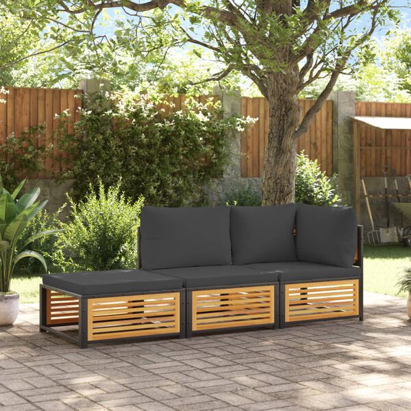 vidaXL Set de sof&aacute;s de jard&iacute;n con cojines 3 pzas madera maciza acacia