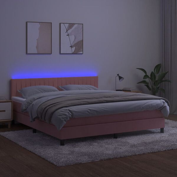 vidaXL Cama box spring colch&oacute;n y LED terciopelo rosa 160x200 cm
