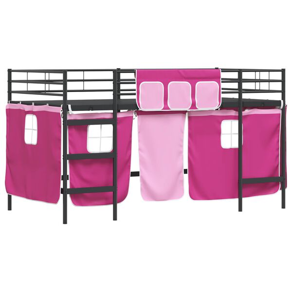 vidaXL Estructura de Cama Alta para Ni&ntilde;os con Cortinas Negro y Rosa